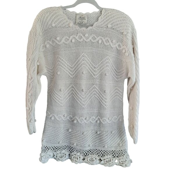 Vintage Express Hand Knit 1980s Floral Crochet Hem sweater - Picture 2 of 11